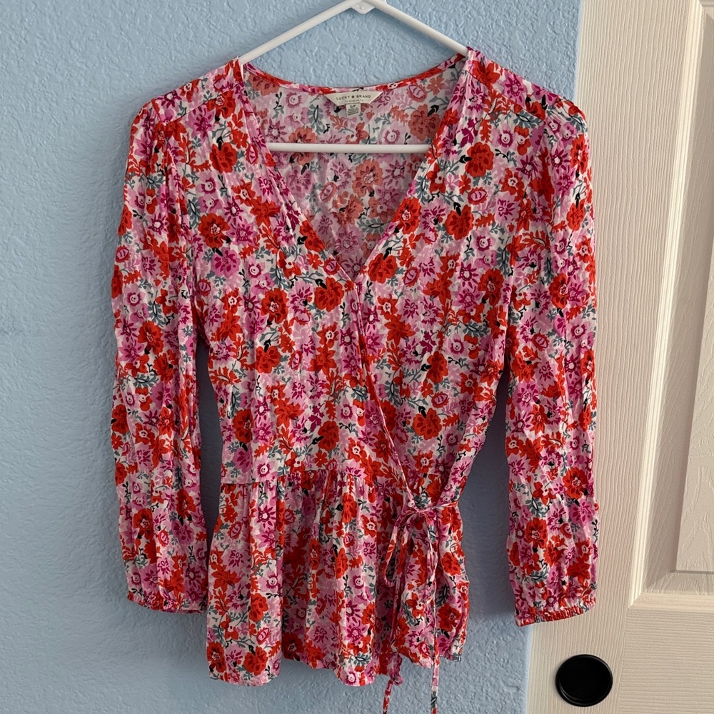 Lucky Brand Floral Wrap Blouse - Pink and Red